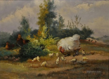 Fowl Painting - hen and chicken countryside
